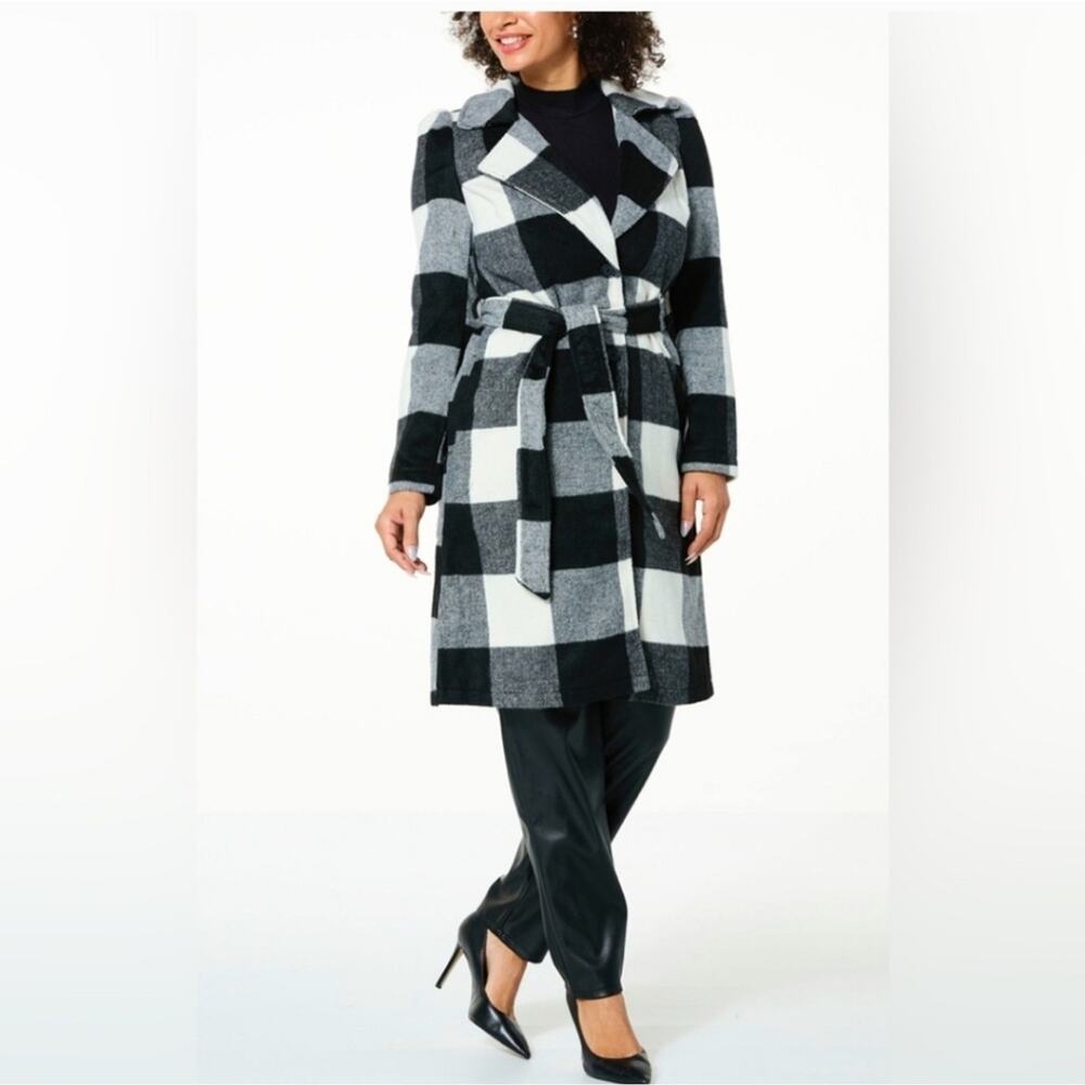 G by Giuliana Black and White Plaid Trench Coat Wool Blend Size XLP